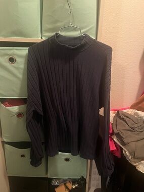 Women's Navy Ribbed Mock Neck Long Sleeve Top